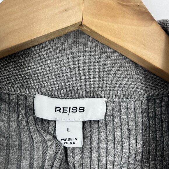 Reiss Maia Sweater Size Large Women Gray Ribbed Bodycon Henley Classic Old Money - Picture 3 of 7